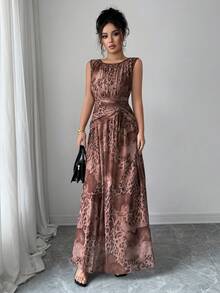 Rafferiza 女式优雅豹纹花卉网眼印花抽绳褶饰无袖连衣裙 - 咖啡 - 查看 4