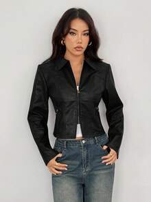 SHEIN PETITE Women's Valentine Double Zipper Leather Jacket In Fall/Winter - Black - View 6
