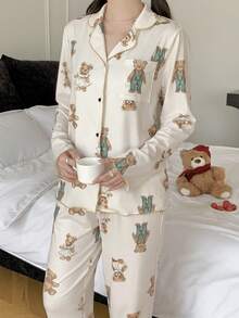 少女针织可爱熊图案领长袖衬衫和裤子休闲睡衣套装 - 杏色 - 查看 6