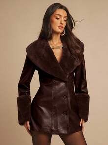 Silquee 女式纯色仿毛领长袖双排扣 PU 皮革修身优雅夹克，秋冬 - 咖啡棕 - 查看 7