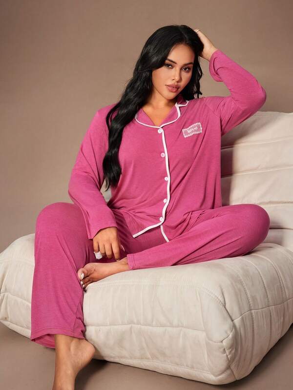 Lazeform Conjunto de pijama y ropa de estar por casa de manga larga con top y pantalones, de tela de gasa de punto suave y lisa con contraste de color en el cuello, estilo dulce y casual, adecuado para uso interior y exterior, color rosa