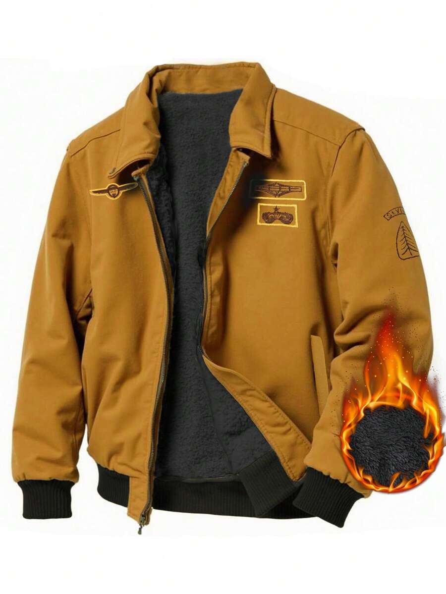 Manfinity Homme Nueva chaqueta de manga larga con forro polar bordado, chaqueta de invierno de moda casual y de carreras - Caqui - Ver 1