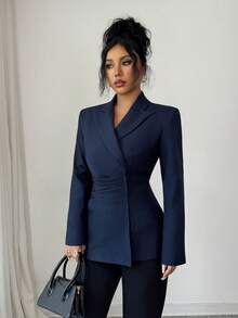 Modelyn Áo khoác blazer nữ tay dài xếp ly màu xanh navy dệt chéo thanh lịch và thời trang - Màu xanh hải quân - Xem 5