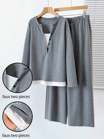 SHEIN PETITE CURVE Plus Size Women's Casual Floral Patchwork Two Pieces Set, Spring Outfit, Comfortable For Home & Outdoor Casual Wear, Minimalist Loose Fit, Fashionable & Versatile