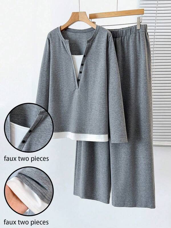 SHEIN PETITE CURVE Plus Size Women's Casual Floral Patchwork Two Pieces Set, Spring Outfit, Comfortable For Home & Outdoor Casual Wear, Minimalist Loose Fit, Fashionable & Versatile