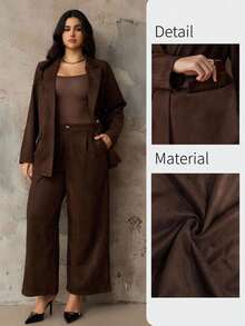Roveilla Women's 2 Pieces Suit, Deer Velvet Blazer With Lapel, Front Button, Pockets, Long Sleeve, Paired With Loose Wide-Leg Pants, Elegant Office/Casual/Street Style, Autumn/Winter - Chocolate Brown - View 5