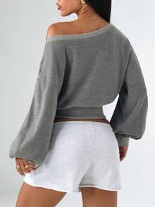 Dewbera 女士休闲日常通勤简约撞色绑带不对称肩部宽松宽下摆短款运动衫，春/秋 - 灰色 - 查看 2