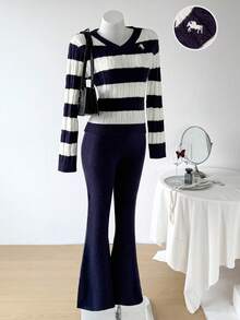 Striped V-Neck Cable Knit Long Sleeve Sweater Women, Ins Korean Style Fitted Pullover Top, Casual Slim Fit Long Pants Set For Autumn/Winter Flared Pants Clothes Two Piece Flared Leggings Preppy Two Piece Set Teen Women 2 Piece Pants Suits Teen Pants Suit 15 Years Old Girls Pants Suit Teen Women 2 Piece Pants Suits Girls Sweater Sets Teen 3 Piece Set Teen Girls Sets Girl Winter Clothes Girl Knit Set Blue And White Striped Sweater Pants And Top Set Wide Leg Pants Set Blue Pants Outfit For Girls Preppy Two Piece Set - Multicolor - View 2