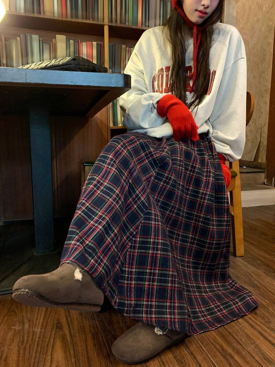 DAZY 女士格子休闲中长宽松A字裙 - 紅色 - 查看 1