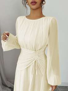 Elenzga 女士春夏法式浪漫西西里优雅休闲通勤度假下午茶派对圆领褶皱腰抽绳 A 字形松紧腰长袖长裙 - 杏色 - 查看 6