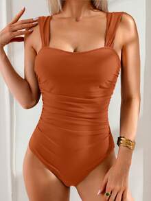 Swim Basics 春假女士纯色褶皱肩带极简连体泳衣，节日波西米亚橙色连体泳衣，橙色女式泳衣 - 橘色 - 查看 3