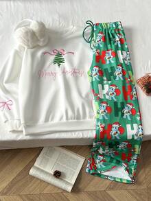 Sunnyshic 1pc Women's Casual Loose Fit Straight Leg Pants With Elastic Waist, Green Christmas Santa Claus & Tree Print, Thermal Lined, Comfortable & Soft, Suitable For Christmas, Dates, Autumn/Winter