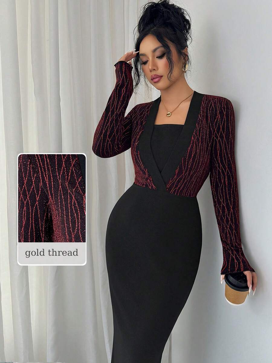 Modelyn Women's Splice Foil Striped Long Sleeve 2 In 1 Fitted Elegant Luxurious Dress - Red - View 1