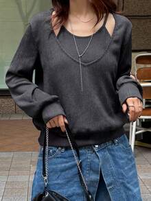 FRIFUL Áo nỉ chui đầu dài tay vải dệt rỗng màu trơn đơn giản dành cho nữ, đa năng cho mùa thu/đông - Xám - Xem 3