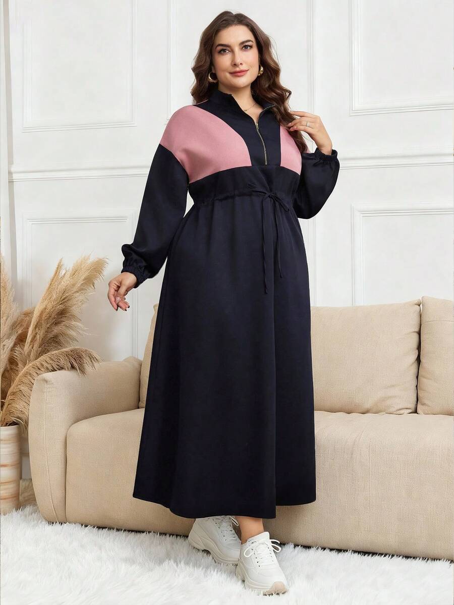 Modelyn 拼色抽绳腰部拉链落肩长款连衣裙女式长款服装 - 彩色 - 查看 1