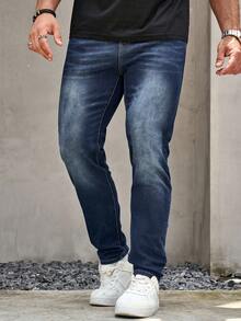 Manfinity Homme Men Plus Bleach Wash Straight Leg Jeans, Plain Dark Blue Slim Fit Long Dark Wash Jeans Washed Cargo Jeans, For Husband, Boyfriend Gifts Going Out Hang Out Commute Street Work - Medium Wash - View 4