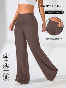 Eassivo Eassivo High Waisted Butt-Lifting Wide Leg Yoga Pants With Faux Pockets, Women Sports Long Trousers - Brown - View 3