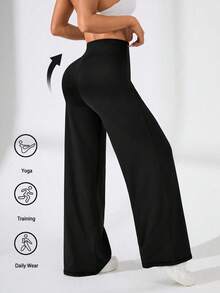 Easithlete Solid Color Wide Waistband Hip Lifting Straight Yoga Sport Pants - Black - View 2