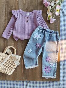 SHEIN 2pcs/Set Baby Boy Baby Girl Unisex Infant Toddler Dreamy Purple Crew Neck Long Sleeve Top Paired With Denim Jeans, Floral Embroidered Accents, Casual Chic Style, Suitable For Outings, School, Hangouts With Friends, Weekend Parties Toddler Jean With Flowers Baby Jeans Set Baby Girl Knitted Outfits Baby Girl Denim Sets Cozy Pixies Baby Girl Set Girl Clothes Sets Baby Girl Clothes Spring Fall