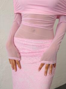 Aloruh 女士优雅露肩长袖蕾丝拼布修身派对连衣裙，粉色，女士生日连衣裙 - 淺粉色 - 查看 7