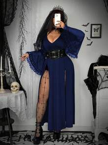 Whyspr Đầm dài tay loe cổ chữ V tay dài phối ren lưới chắp vá thanh lịch cổ điển dễ thương gợi cảm phong cách Punk Goth dự tiệc Halloween cỡ lớn có đường xẻ đôi dành cho nữ - Màu xanh lam - Xem 6