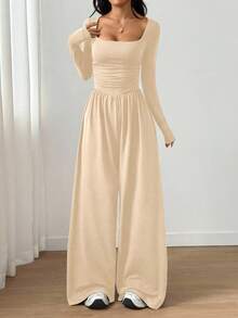 Flirla Jumpsuit Wanita Kasual Warna Polos dengan Leher Persegi - Aprikot - View 3