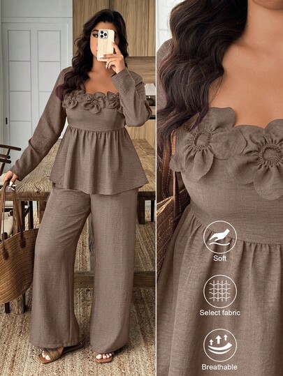 Weeklong 2pcs Set Square Neck Ruffle Hem Floral Decor Pants Suit