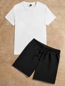 Manfinity BRENVOR Men Slogan & Cartoon Graphic Tee & Drawstring Waist Shorts Summer Outfit - Black and White - View 2