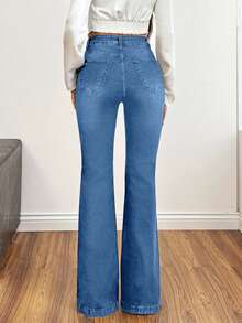 SHEIN Cottnline 98%Cotton Blacl Slim Fit Flared Jeans - Medium Wash - View 2
