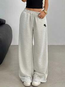 SHEIN 女童马匹刺绣运动裤，休闲百搭，修身剪裁，松紧腰身，阔腿，适合春夏秋冬 - 杏色 - 查看 2