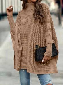 EMERY ROSE Women's Solid Color Turtleneck Loose Batwing Sleeve Fashionable Knit Pullover Sweater - Camel - View 5