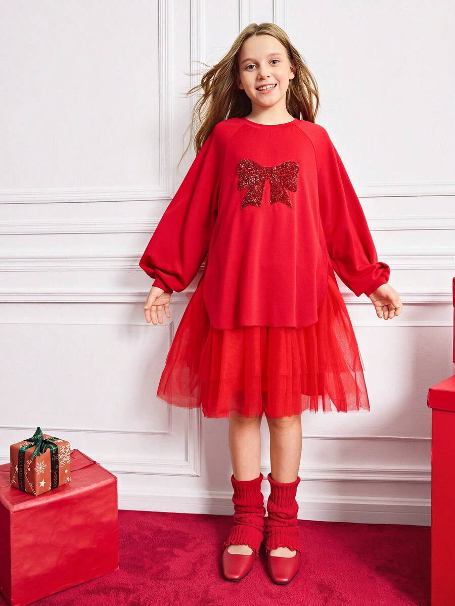 SHEIN 青少年女孩时尚蝴蝶结和网眼拼布连衣裙 - 紅色 - 查看 1
