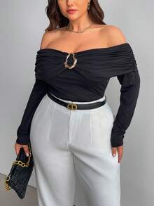 Firerie Maglietta a maniche lunghe, aderente, con spalle scoperte, arricciata, decorata in metallo, per donna taglia grande, elegante e casual, adatta per autunno/inverno - nero - Visualizzare 5