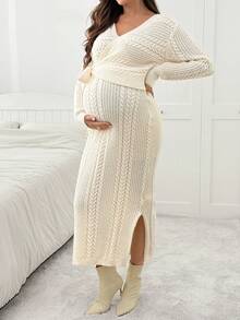 SHEIN 孕妇纯色裹身长袖落肩休闲系腰针织连衣裙 - 杏色 - 查看 5