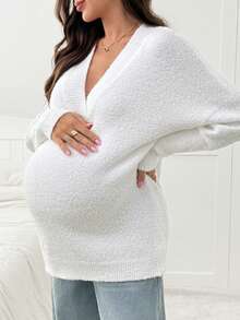 SHEIN Maternity Solid Color Minimalist V-Neck Long Sleeve Sweater, Everyday Smart Casual White Autumn Women Sweater Fall Winter - White - View 3