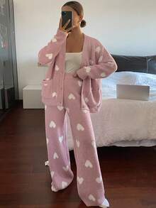 DAZY Women's Heart Pattern Knitted Loose Pajama Set, Winter, Fall Clothes - Pink - View 7