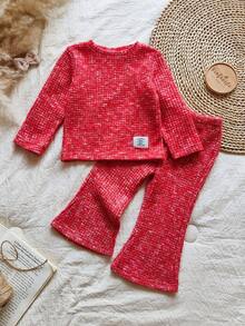 SHEIN Vintaside Kids 2 件套女婴休闲彩虹长袖上衣和裤子套装，适合春秋冬季日常穿着 - 紅色 - 查看 3