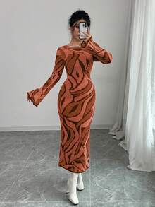 Elenzga 女式撞色图案喇叭袖针织连衣裙 - 橘色 - 查看 5