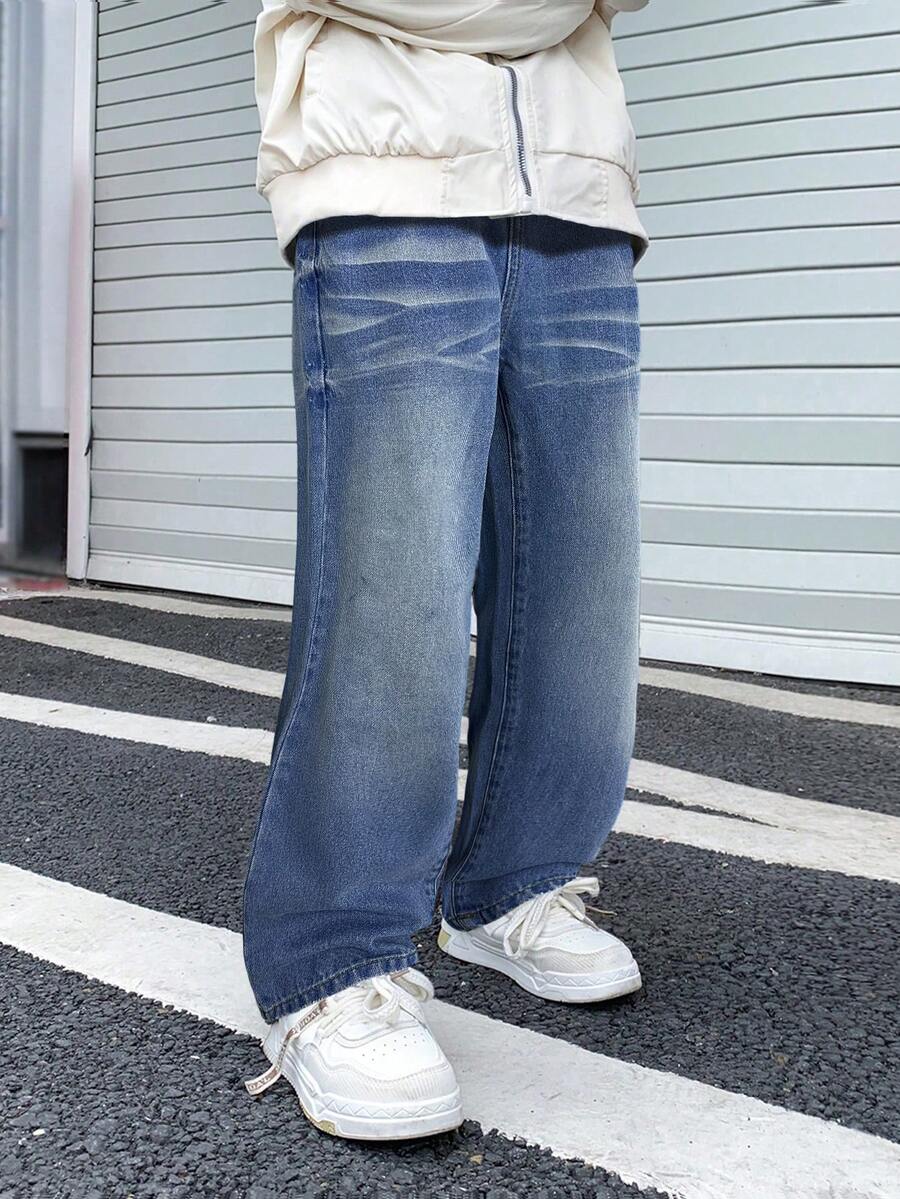 SHEIN 青少年男童时尚休闲设计水波纹黑色宽松直筒牛仔裤，适合日常穿着和秋季儿童服装，阔腿牛仔裤，水洗牛仔裤，Y2K牛仔裤 - 深色水洗藍 - 查看 1