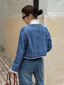 K-Vae 女秋冬牛仔外套圆领修身版型日常通勤牛仔夹克新年装 - 淺色水洗藍 - 查看 2