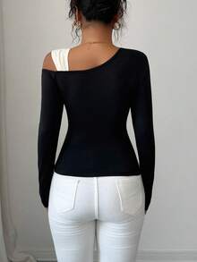 SHEIN PETITE Elegantes Tailliertes T-Shirt mit schräger Schulter und Schleifendekor, geeignet für Dates, Einkaufen, Alltagstragen, Musikfestivals und weitere Anlässe, Frühling/Herbst - Schwarz - Übersicht 2