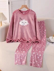 Girls Pajamas, Elegant Casual Home Wear, Long Sleeve Top & Pants Set, Embroidered Cloud, Smile, Starry Sky Patterns, Fleece Fabric, Suitable For Autumn/Winter - Dusty Pink - View 6