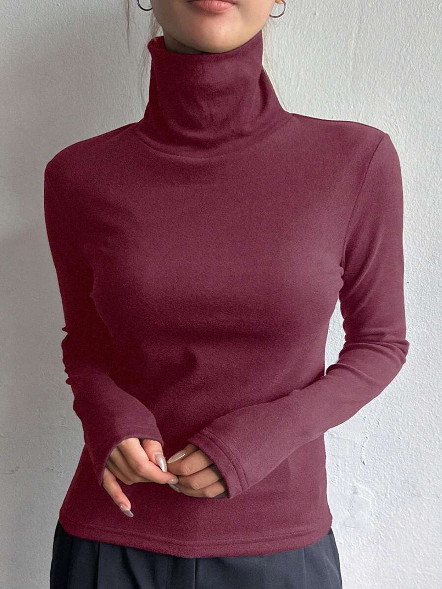 FRIFUL 女士休闲日常通勤简约纯色高领长袖保暖修身T恤，秋冬款 - 酒紅色 - 查看 1