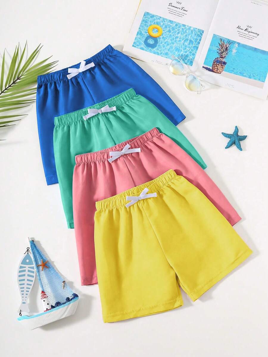 SHEIN 4 件装年轻男童休闲校园风格百搭柔软舒适聚酰胺马卡龙色泳裤短裤，适合户外、沙滩、游泳、学校、休闲日常穿着，春夏季 - 彩色 - 查看 1