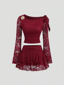 Sweetra Set de 2 piese: Fustă midi elegantă, versatilă, din dantelă și decor metalic, Y2K, roșie de Crăciun, toamnă - Burgundia - Vizualizare 1