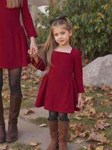 1 Peça Vestido Longo de Manga Longa Vermelho Sólido, Simples e Elegante, Adequado para Meninas, Adequado para Festas de Aniversário, Festas à Noite, Apresentações, Casamentos, Batizados, Cerimônias de Abertura, Adequado para Uso Diário, Adequado para Dia das Mães Mamãe e Eu, Adequado para as Estações de Outono e Inverno - Vermelho - Visão 5
