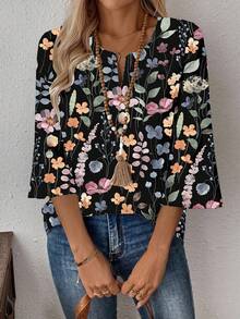 EMERY ROSE Áo sơ mi công sở cổ chữ V tay 3/4 dành cho nữ, Xuân/Thu - màu đen - Xem 3