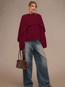SHEIN BAE Women's Elegant Burgundy Solid Color Loose Knit Casual Pullover Sweater,Autumn Christmas Sweater,Red Top,Fall Winter Clothes For Dining - Burgundy - View 5