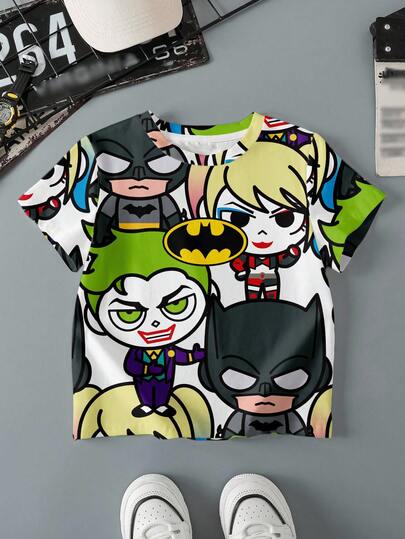 BATMAN X SHEIN Jeune garçon Mignon Motif dessin animé Col Rond Manches Courtes T-Shirt, Été