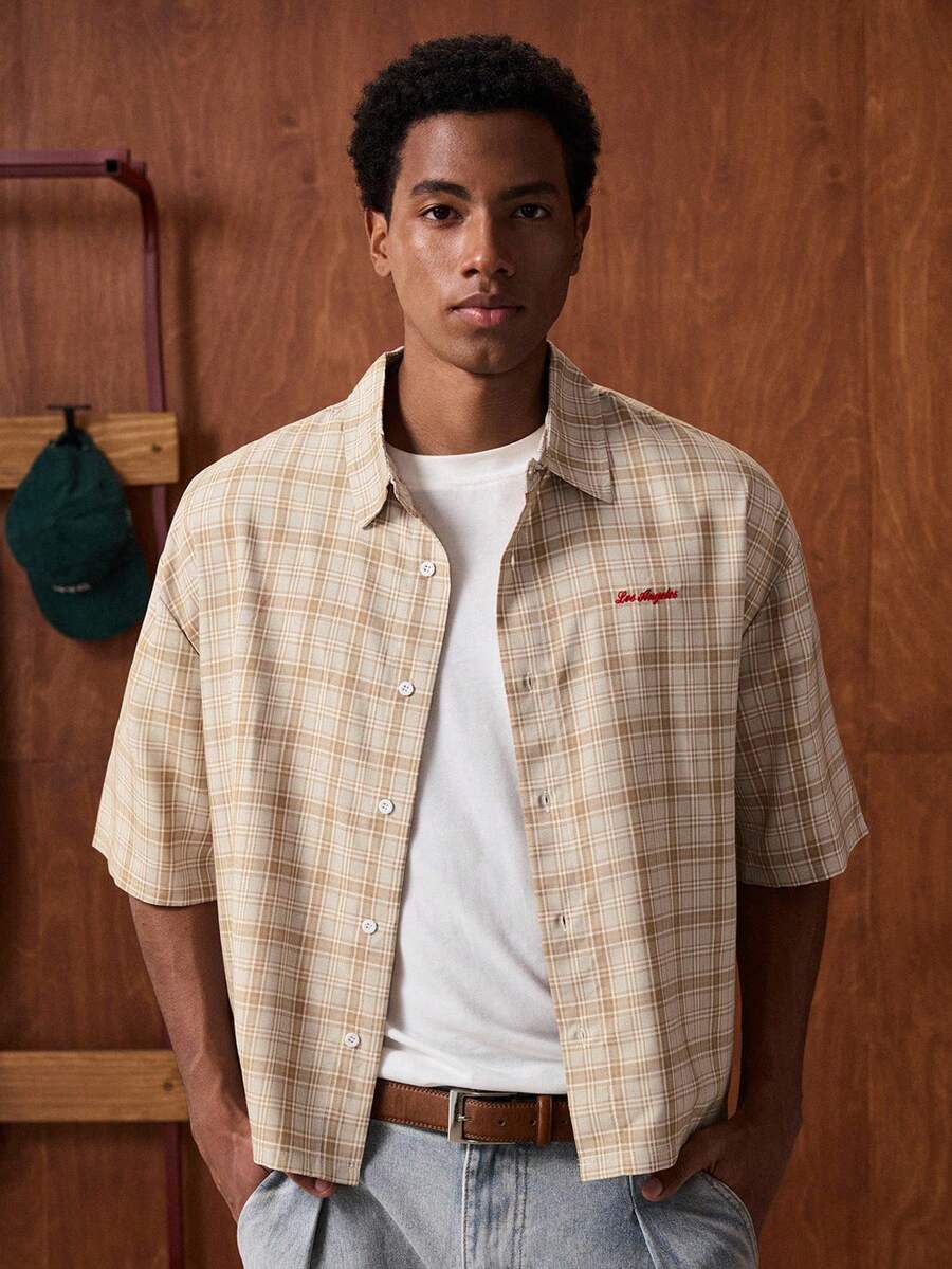 SWAVVY 男士休闲格子短袖衬衫，夏季 - 卡其色 - 查看 1